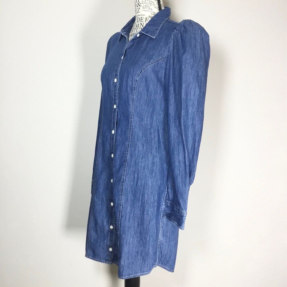 Blue denim cotton dress long sleeve button down puff sleeve western country S - Picture 4 of 6
